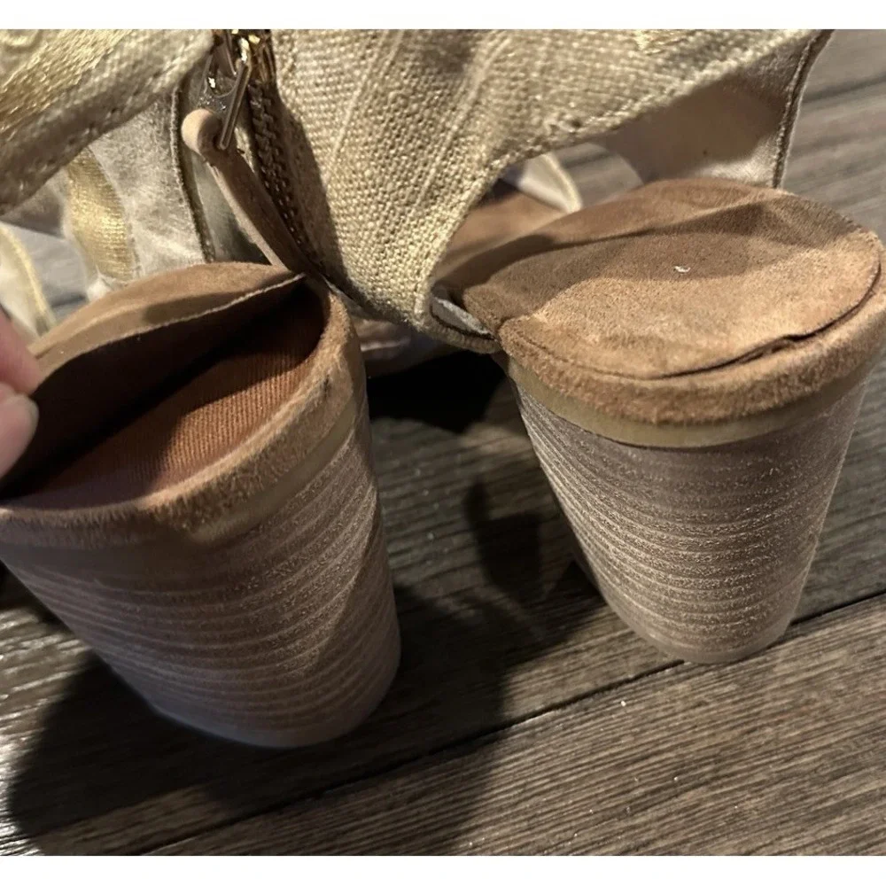 TOMS Womens Majorca Cutout Peeptoe  Sandal Heel‎ Champagne Metallic Woven Size 9
